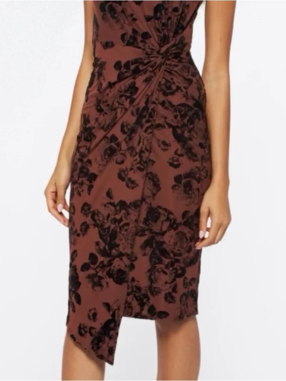 nine britton Brown Floral Twist-Front Midi Dress